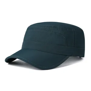 Detail of army green flat top military cap featuring ripstop fabric and fine stitching