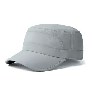 Detail view of grey cadet cap featuring reinforced stitching and breathable fabric texture