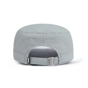 Detailed back view of a light grey flat top cap with adjustable metal buckle and small label