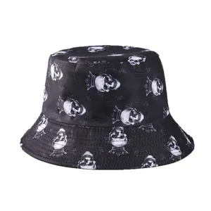 Fashionable double-sided bucket hat with crown skull print for sun protection