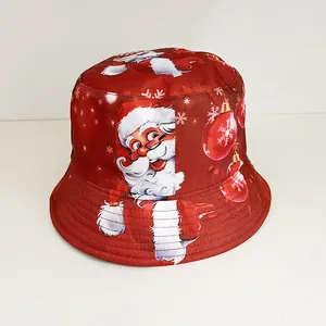 Cappello da pescatore natalizio reversibile rosso con stampa Babbo Natale e neve