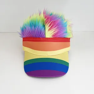 Close-up of rainbow striped sun visor featuring colorful synthetic wig hair extension