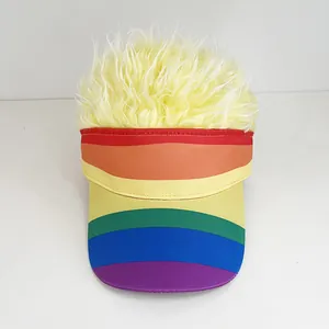 Close-up of vibrant rainbow striped visor with eccentric pale yellow faux fur hair