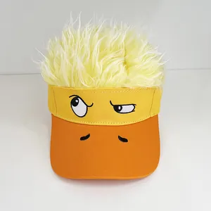 Front detail of duck sun hat with yellow faux wig hair and orange wide brim