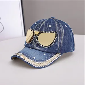 Casquette de Baseball en Denim à Lunettes de Soleil en Strass Femme Coton Lavé Chapeau de Soleil Réglable Streetwear