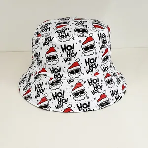 Cappello da pescatore natalizio con stampa Babbo Natale e testo HO! HO! HO! su tessuto bianco