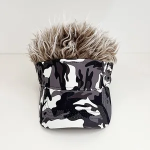 Detail of grey camouflage visor hat with realistic brown synthetic wig hair attached