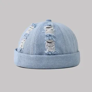 Berretto Docker in Denim Lavato Vintage Strappato Senza Tesa per Uomo Donna Berretto Regolabile Retro Hip Hop Streetwear
