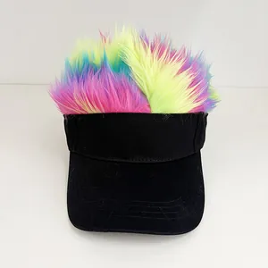 Detailed top view of a black visor cap featuring colorful rainbow synthetic hair extension
