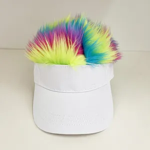 Detail of white baseball cap with colorful synthetic wig hair for party costumes