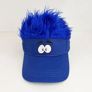 Detail of creative blue visor with synthetic wig hair and cartoon eyes embroidery