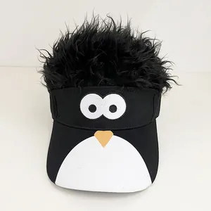 Detail of creative penguin baseball cap featuring realistic black hair and a cartoon beak
