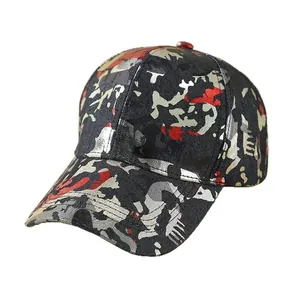 Reflective camouflage baseball cap with red and grey graffiti pattern in street style