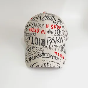 Graffiti printed baseball cap with wide brim and alphabet pattern in beige street style