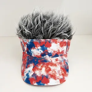 Detail of USA flag pattern baseball cap with realistic grey synthetic hair wig