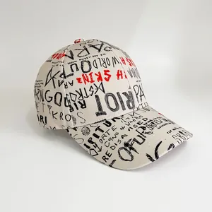 Macro shot of street style baseball cap featuring black and red graffiti print patterns