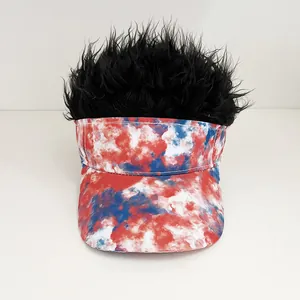 Macro shot of baseball cap with black synthetic hair and USA flag cloud patterns
