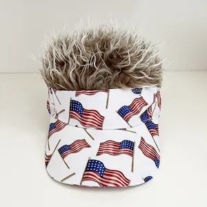 Close-up of visor cap featuring American flag print and synthetic wig texture detail