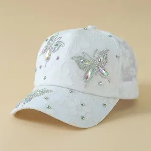 Elegant white lace baseball cap with butterfly rhinestone design and mesh back