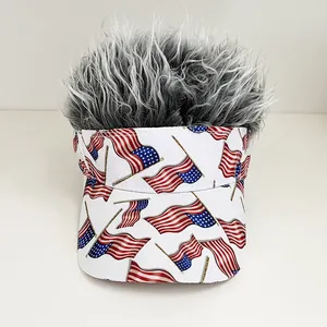Detail of USA flag sun visor hat with messy grey synthetic hair wig hairpiece