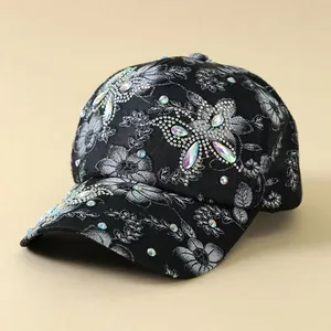 Lace Flower Rhinestone Butterfly Baseball Cap Elegant Women Sun Hat Adjustable Summer Breathable Mesh Fashion Headwear