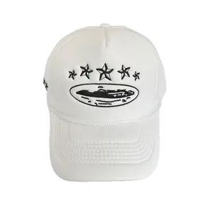 White mesh trucker hat with black star embroidery and breathable five-panel design