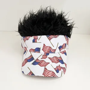 Detail of USA flag pattern on visor cap with attached curly black synthetic wig hair