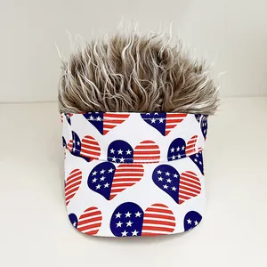 Close-up of baseball cap with realistic brown synthetic hair and American flag heart prints