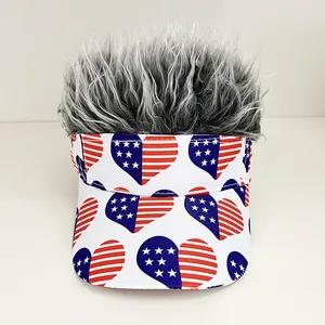 Detail of creative visor hat featuring heart-shaped USA flag prints and grey gradient hair