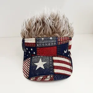 Close-up of US flag pattern on visor hat with realistic spiky synthetic wig hair detail