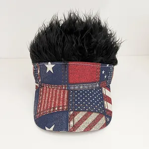 Detail of USA flag visor hat with attached messy black synthetic hair wig for men
