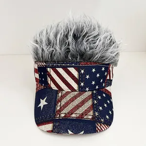 Detail of USA flag pattern baseball cap with realistic gray synthetic wig on top