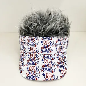 Detail of grey wig visor hat featuring American flag stars and 'RED White & cute' print