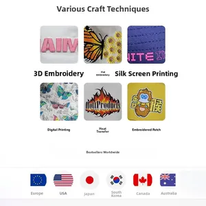 Detail view of 3D embroidery and digital printing techniques on multi-color baseball caps