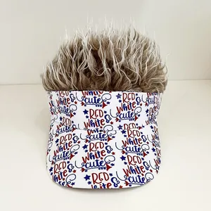 Detail of white baseball cap with fluffy grey hair and RED WHITE & cute text print