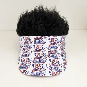 Macro detail of visor hat with synthetic black hair and Red White & Cute printed pattern