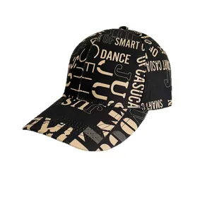 Classic black baseball cap with beige letter prints and a curved brim for sun protection