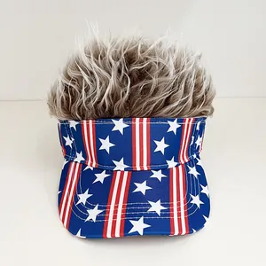 Detail view of American flag visor hat featuring realistic synthetic spiky hair hairpiece