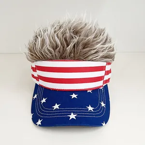 Detail of creative American flag visor with realistic brown synthetic hair wig attachment