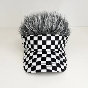 Detail of checkered canvas visor with realistic grey synthetic hair on top crown