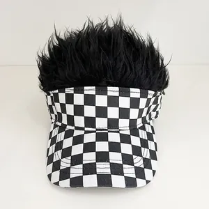Close-up of checkerboard baseball cap with black synthetic wig hair on the crown