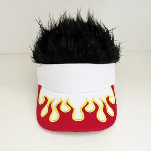 Detail of baseball cap visor with flame embroidery and messy black synthetic hair