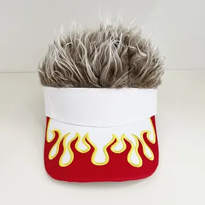 Detail of creative American flag style baseball cap with synthetic wig hair and flame embroidery