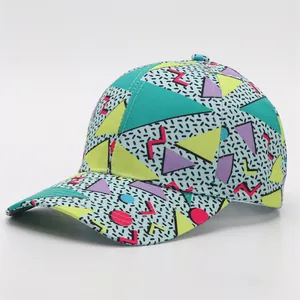 Detail shot of the vintage Memphis style geometric pattern and stitching on baseball cap