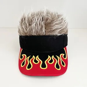 Detailed view of embroidery flame pattern on the brim of an American flag wig baseball cap