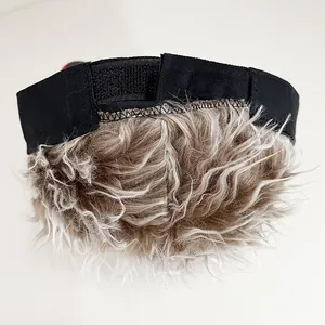 Detail view of the black baseball cap interior with adjustable velcro strap and brown wig hair