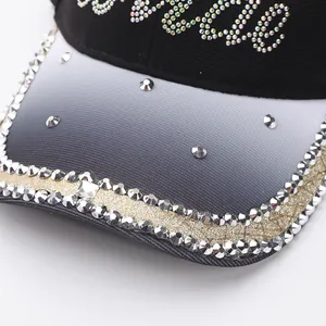 Detail of rhinestone 'Bride' lettering and sparkling crystals on gradient baseball cap