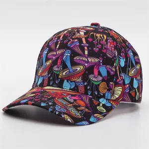 Detail of multi-color psychedelic mushroom digital print on six-panel baseball cap
