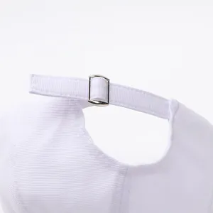 Detail of adjustable cotton baseball cap back with a silver metal buckle closure
