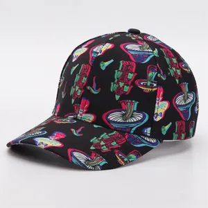 Detail of baseball cap showing vibrant mushroom digital print and cotton canvas texture